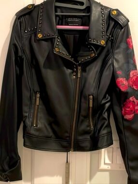 Sanctuary Black Faux Leather Moto Jacket with Pink Rose Sleeve